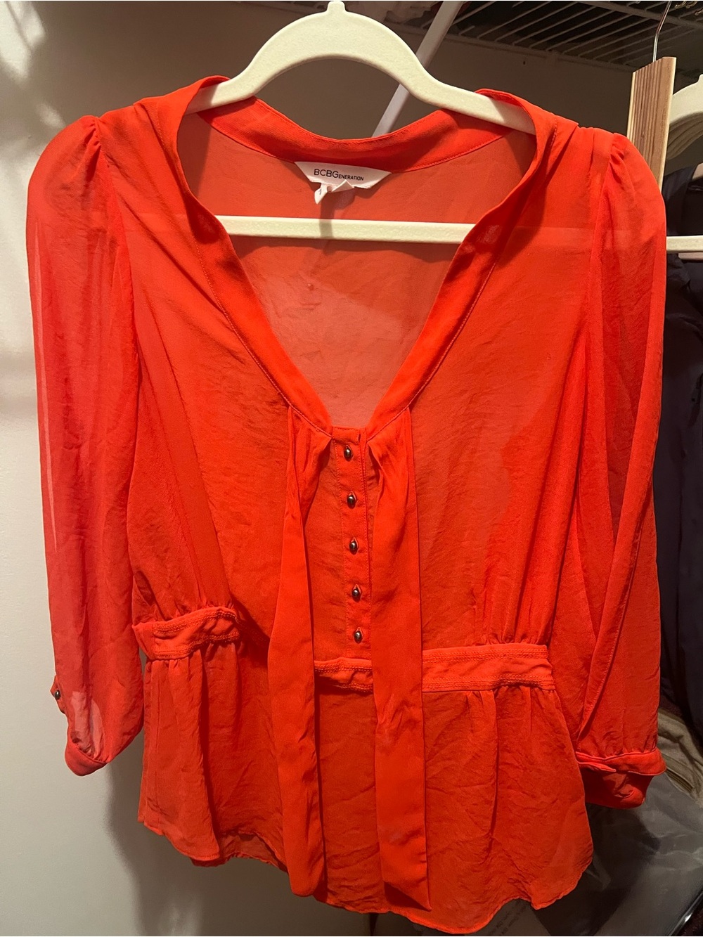 BCBGeneration Orange Tie-Neck Button Front Blouse